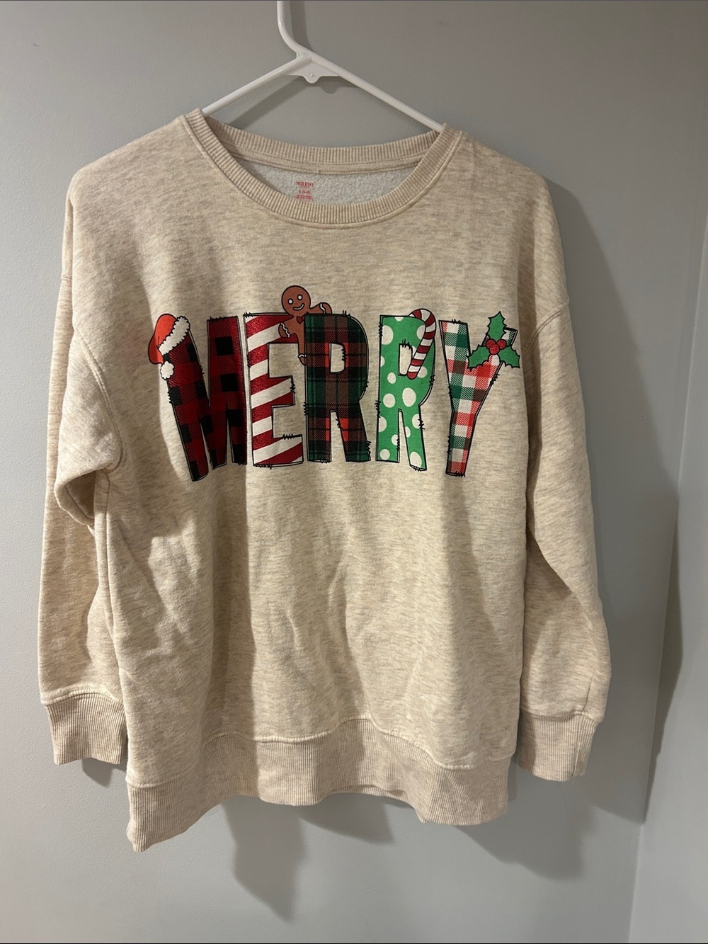 Holiday Time Beige 'MERRY' Graphic Crewneck Sweatshirt with Red & Green Accents